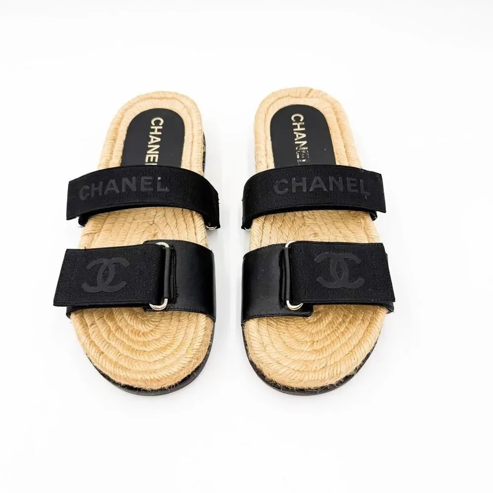 Chanel CC Monogram Black Sandals Espadrille Slides EU 37